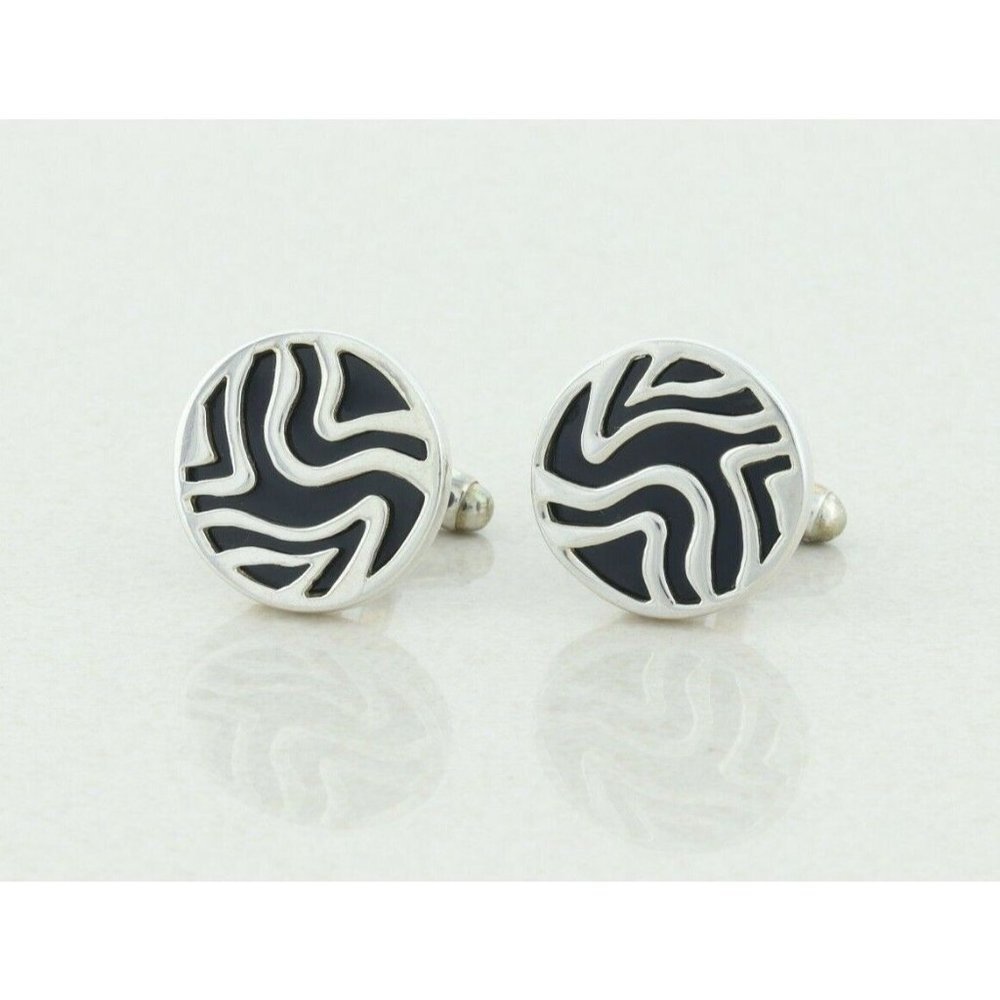 Men's Sterling Silver and Black Bullet Back Cufflinks - Picture 4 of 6